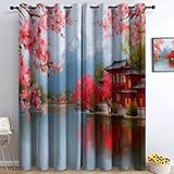 Romantisch Blumen Vorhange, Drucken Vorhänge Seeufer Kirsch Architektur H 160 X B 70 cm Vorhänge Blickdicht Mit Ösen Kinder Jugendliche Schlafzimmer Dekor Thermovorhang 2Er Set Für Mädchen Jungen