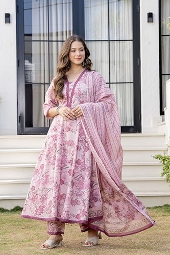 Image of MANHAREE Women's Cotton Anarkali Pink Kurta Pant with Dupatta Set