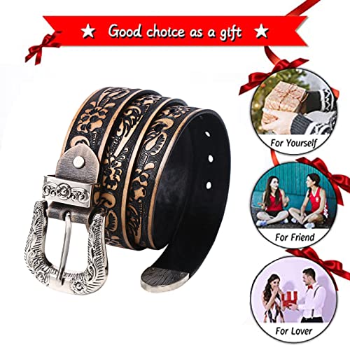 Leather Belt Western Floral Engraved Embossed Tooled Genuine Full Grain or Strap Prong Buckle Casual Jeans for Men(110cm/waist:36"~38" Black)4
