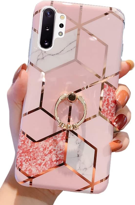 Qokey Galaxy Note 10 Plus Case 6.8 inch Marble Case Cute Fashion Design for Men Women Girls with 360 Degree Rotating Ring Kickstand Soft TPU Shockproof Cover Grid Bling