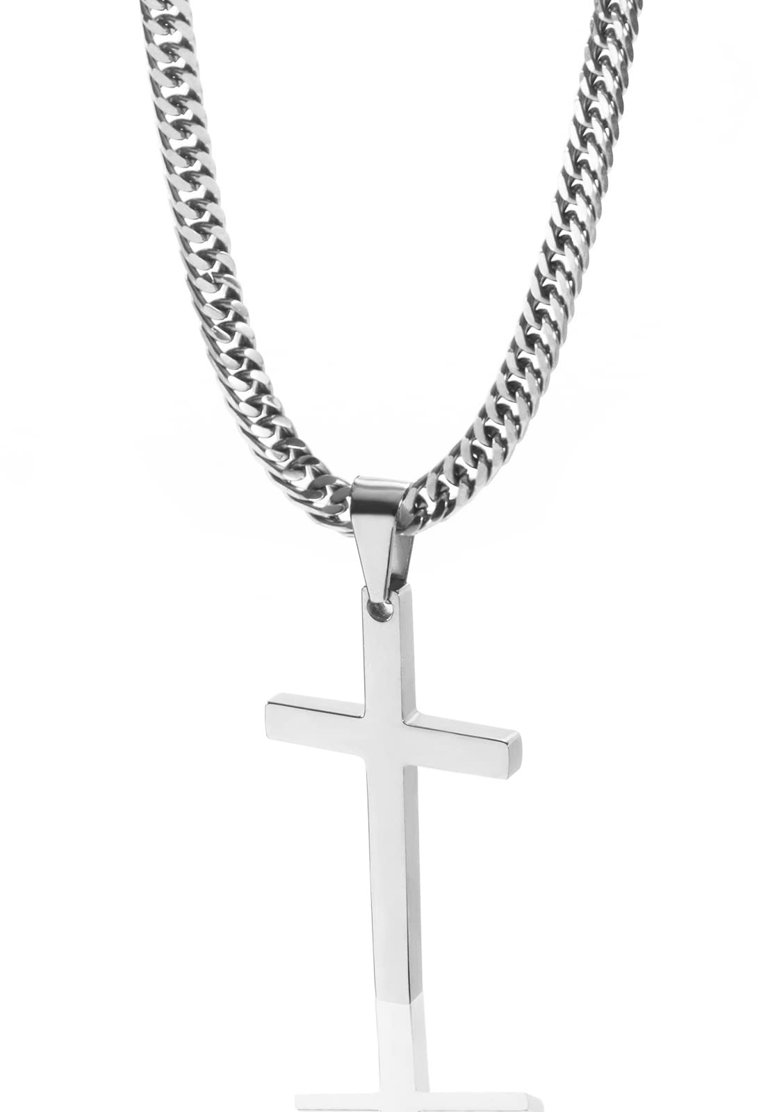 Tuewut Cross Necklace for Men, Silver Gold Stainless Steel Plain Cross Pendant Necklace for Men Cuban Chain 18-26 Inch