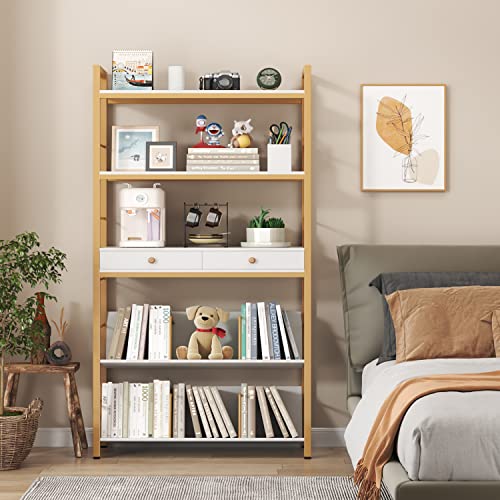 Yaohuoo Tall Bookshelf With Drawers And Bookend, 31.5 Inchs Widen Open Industrial Bookcase With 5 Tiers Storage Shelves, Display Rack With Steel Frame, Suitable For Bedroom,Office,Living Room,Bathroom #TOP3