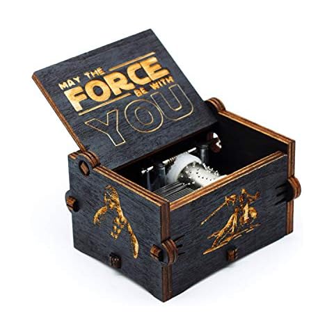 Black Wood Star Wars Music Box, Antique Carved Hand Cranked Wooden Musical Boxes Home Decoration Crafts for Children Gifts Cover