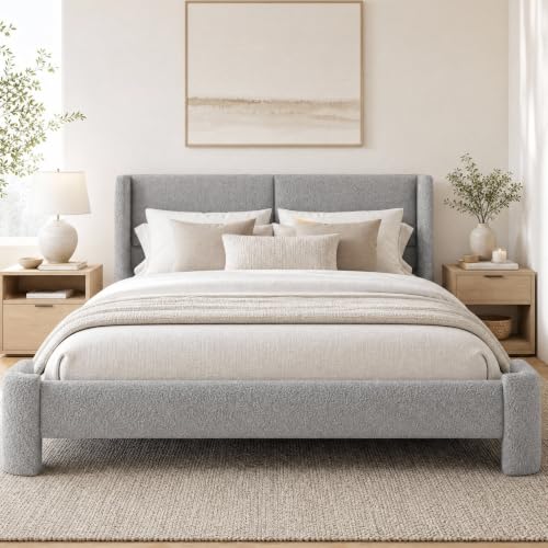 Image of LIKIMIO Queen Bed Frame with USB Ports & Wingback Headboard, Grey | Boucle Upholstered Platform Bed, Sturdy Slat Frame, No Box Spring Needed, Fits Living Room and Apartment.