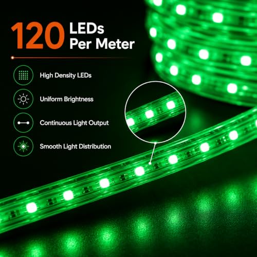 Image of Halonix 50 Meter LED 120 Led /MTR Rope Light for Home Decoration | IP65 Certified, BIS Approved | Indoor and Outdoor use | Direct Plug-in | 700 Lumens in Every Meter | Pack of 1 (Green)