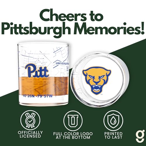 Image of Greenline Goods University of Pittsburgh Panthers Whiskey Glasses Set of 2, 10 oz Rocks Glasses with Full-Color Logo & Campus Map - Officially Licensed Bourbon Glass Gift for Alumni & Fans