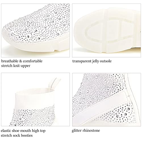 Coutgo Women's Fashion Rhinestone Knit Slip On Sneakers Breathable Comfortable Glitter Tennis Walking Shoes Ballroom Jazz Latin Dance High Top Stretch Sock Booties White #TOP3