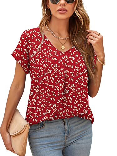 Yommay Damen Bluse Sommer Elegant V-Ausschnitt Tunika Shirt Oberteil Flowy Kurze Ärmel Chiffon Tops,MM F Rot,2XL