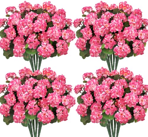 Image of Bassion Artificial Geraniums Flowers for Outdoors Decoration, 4 Pcs, Pink | UV resistant, silk flowers, realistic artificial geraniums, planter window box balcony outdoor garden outside decoration