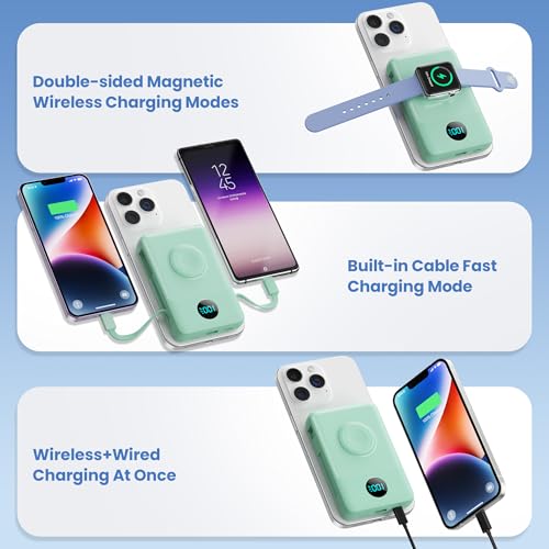 Image of 6 in 1 Magnetic Portable Charger for iPhone with Built-in Cables, 10800mAh 25W PD Fast Charging Power Bank, 6 Outputs LCD Display Travel Essential Battery Pack for iPhone 17 /16 /15 /14 /13 /12 (Green)