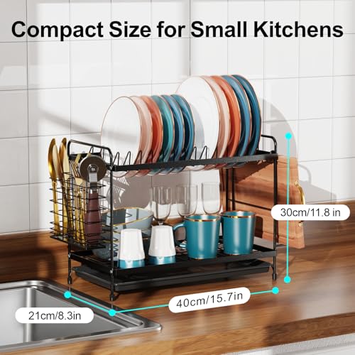 iSPECLE 2 Tier Dish Drainer Rack for Small Kitchens - Compact Dish Drying Rack with Drip Tray, Cutlery Holder & Chopping Board Holder, Rust-Resistant Metal for Kitchen Worktop, Black - Image 7