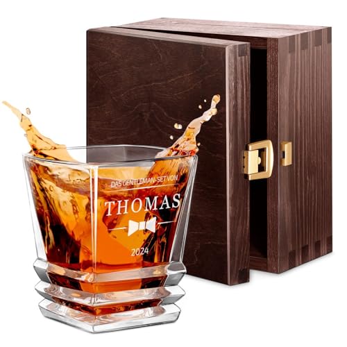 Maverton Whisky Glas mit Gravur 280 ml - Whiskyglas mit effektvollem Design - edles Kristallglas für Mann & Whiskygenießer - Bourbon Glas zum Geburtstag - zu Weihnachten - Weihnachtsgeschenke - Fliege