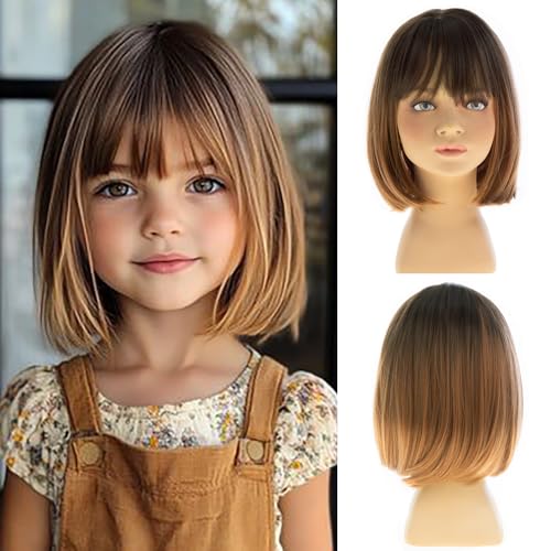 Dsimeig Short Straight Kids Wig Dark Roots Bob Wig with Bangs Synthetic Girls Cosplay Halloween Party UseLight Brown