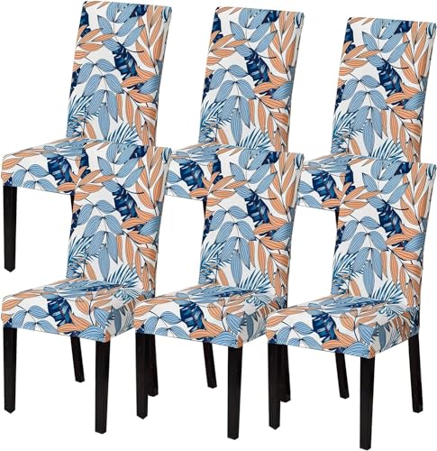 Image of Styleys Chair Covers for Dining Room, Stretch Dining Chair Cover, Washable Spandex Kitchen Chair Slipcovers (Set of 6, Blue /Orange Leaf, SD3209)