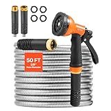 VEVOR Garden Hose Metal 50FT – Heavy Duty Stainless Steel Water Hose, Flexible, No Kink & Tangle, Puncture Resistant & Rust Proof, Lightweight w/ 10-Function Spray Nozzle for Yard, Outdoor, Gardening