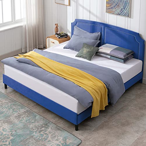 Balus Velvet Upholstered Bed Frame, California King Size Platform Bed Frame With Nailhead Trim Adjustable Headboard, No Box Spring Needed/Wood Slat Support/Easy Assembly (Navy Blue) #TOP5