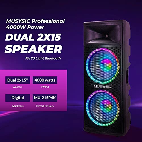 MUSYSIC Portable PA Speaker System w/Bluetooth – Built in 4000W PMPO Amplifier with LED Party Lights Bluetooth, FM, USB, SD 1/4“Inputs PA System – 2 X 15” Studio Speakers
