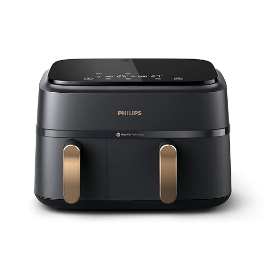Philips 3000 Series Dual Basket Airfryer - Rapid Air Plus Technology, 8-in-1 Cooking Presets, 9L Capacity, Sync Cooking Function, Up to 90% Less Fat, Dishwasher Safe, HomeID App (NA352/00)