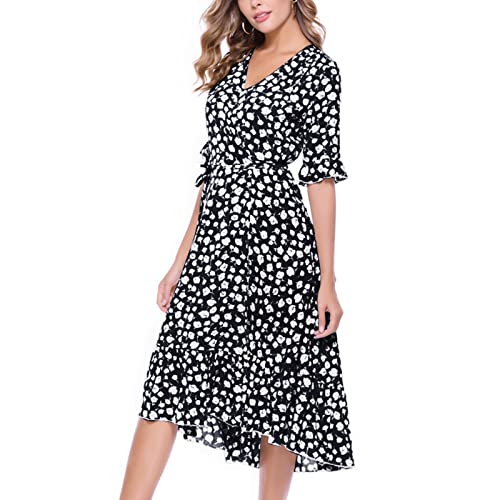 Women's Retro Summer Midi Dresses Polka Dot Printed V Neck Short Sleeve Beach Party Dress High Waist A-Line Sun Dress #TOP5