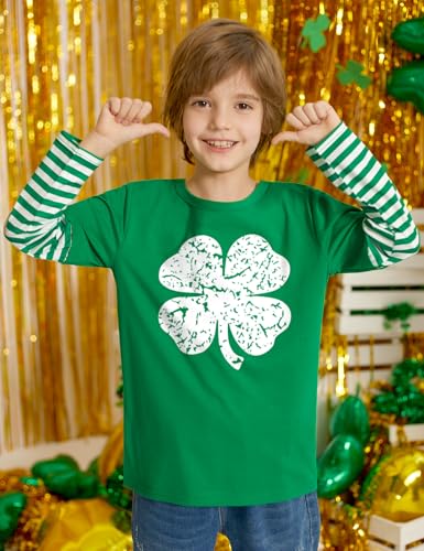 Image of Unisex Kid's St Patrick's Day Shamrock Top Striped Patchwork Irish Clover Long Sleeve Shirt 4-14 Years