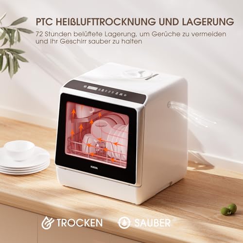 HAVA Tischgeschirrspüler, mini Spülmaschine mit 6 Programmen und eingebautem 5-Liter-Wassertank, kein Anschluss erforderlich, Babybedarfs- und Lufttrocknungsfunktion für Wohnungen und Wohnmobile