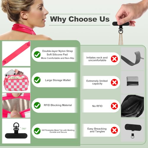 Image of YFWE Clip and Go Strap for Phone with Wallet Crossbody, Adjustable Phone Lanyard with Detachable RFID Wristlet Wallet, Phone Strap with Phone Tabs for All Phones, Pink Checkered (M)