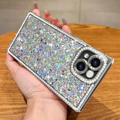 LAPOPNUT for iPhone 15 Case,Cute Bling Sequin Glitter Sparkly Rhinestones Rectangle Edge Phone Case for Girls Women,Crystal Diamond Full Camera Protective Shockproof TPU Bumper Cover,Silver by LAPOPNUT - Used condition - Image 4