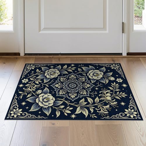 ODIKA 2'x3' Washable Indoor Accent Rug - Oriental Navy Blue Non-Slip Small Carpet for Entryway, Kitchen, Flatwoven | Ref: 1519525