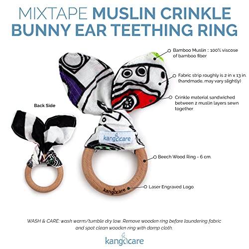 Image of Kanga Care Baby Soft Muslin Sensory Crinkle Bunny Ear Wood Teething Ring - Mixtape Vintage