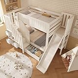 Yrxin Kinder Etagenbett 90×200 cm mit Rutsche, Leiterschrank, große Schubladen & offenes Regal, Weiß, Lattenrost, EN747‑1:2024 Sicherheit, ideal für Familien mit Mehreren Kindern, ohne Matratze