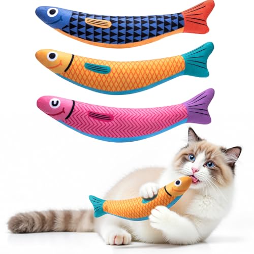 Interactive Cat Toys with[5000mg Premium A+Catnip &Silvervine][Baby Grade] Soft Chew Kicker Cat Toys for Indoor Cats & Kittens, Crinkle &Rattle Fish Sound Toy, Drives Bored Cats Crazy with Fun,3 Pack