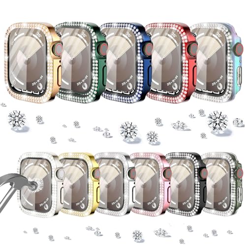 DEALELE [11-PACK Tempered Glass Case Compatible with Apple Watch Series 9/8 / 7 45mm, Bling Double-Row Diamond Protective Case with Tempered Glass Screen Protector (45mm, 11 Colors)