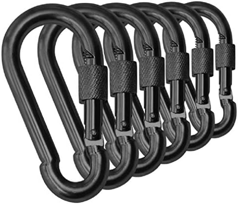 Branded Boards Black & Silver Heavy Duty Bushcraft Locking Thumb Screw Closure Zinc-Galvanized Steel Carabiner Spring Snap Clip Link Hooks 200-400lb Load. 6 & 12 Packs (5cm 6-Pack Black)