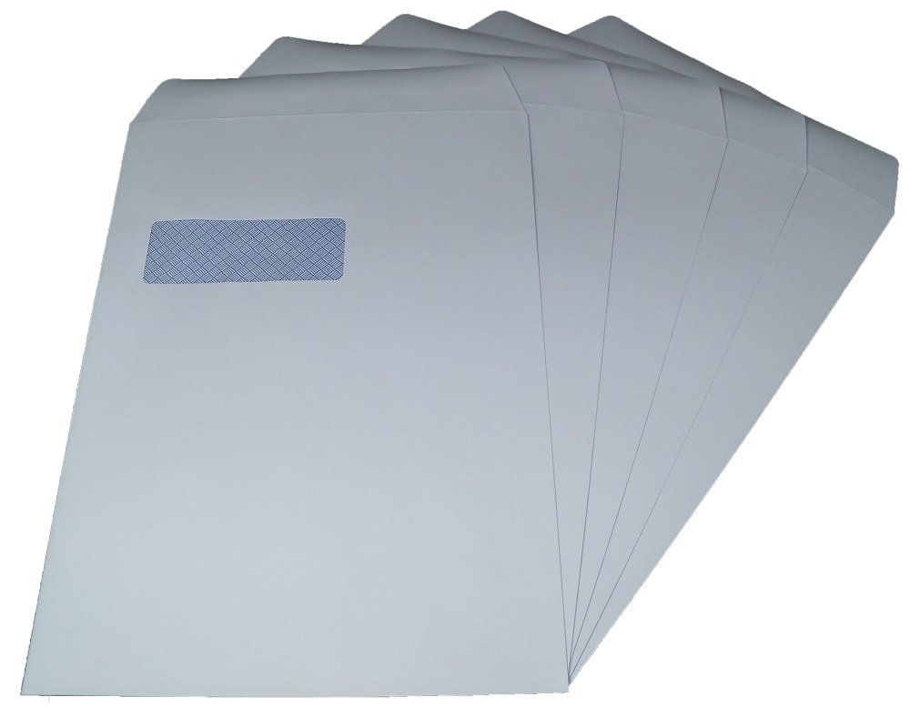 Ukps Clear,White 100 White A4 C4 Size Self Seal Paper Envelopes With Address Window 229 X 324Mm 90Gsm - Office Postal Mailing Postage Posting Supplies