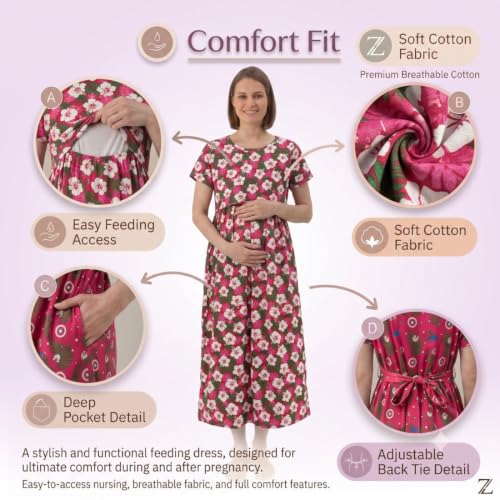 Image of Zero Clothing Feeding Dress for New Moms Casual Loungewear Ankle Length | Cotton Maternity Nighty | Zipless Feeding Dresses for Women | Pregnancy & Nursing Wear