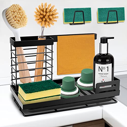 Onlyesh Organizador Fregadero Cocina, Organizador Bajo Fregadero con 2 Soporte de Esponja, 304 Acero Inoxidable Organizador Fregadero, para Esponja, Cepillo, Negro Cover