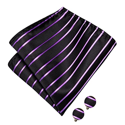 Dubulle Black And Purple Striped Bowties Set For Men Silk Woven Mens Purple Pretied Bowtie Handkerchief Cufflinks Set #TOP3