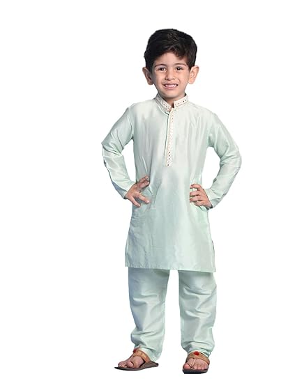 Boys' Kurta And Pyjama | Viscose Fabric Green Mirror Work Border Kurta And Pyjama Set for Navratri, Diwali & Festive Celebrations - Stylish and Comfortable Indian Outfit for Kids