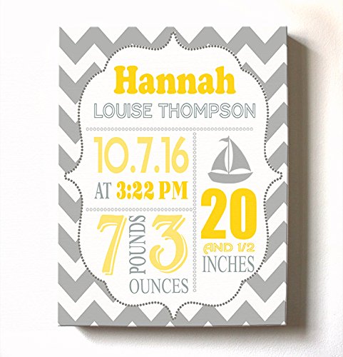 Personalized Stretched Canvas Birth Announcement Gift, Custom Baby Name, Date, Weight Stats, Newborn Sailboat Nursery Wall Art Decor, Wooden Frame Construction, Ready to Hang 8X10