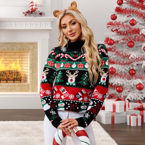 Funny Ugly Christmas Sweater for Men Women Xmas Sweaters High Neck Knitted Sweater Snowflake Sweater Pullover Sweater (Black L)4