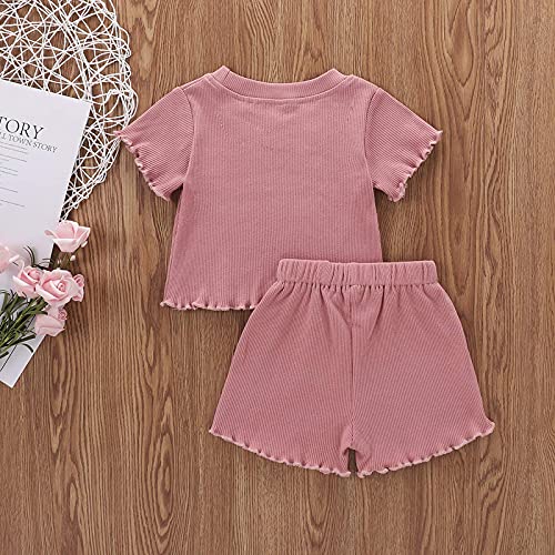 Kupretty 2Pcs Toddlers Baby Girls Summer Clothes Set Ruffle Ribbed Short Sleeves T-Shirt Tops Shorts Comfy Outfits (Pink , 12-18 Months ) #TOP6