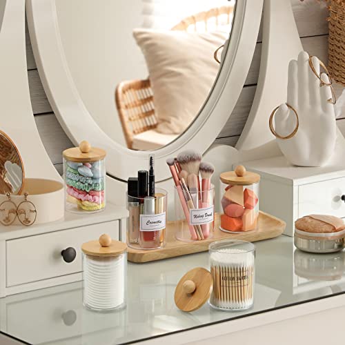 6 Pack Qtip Holder Dispenser Set With Bamboo Lids, Bathroom Canister Accessories, Storage Organizer, Clear Plastic Apothecary Jar For Cotton Ball, Swab, Pads, Floss, Vanity Makeup Organiztion - 10Oz #TOP6