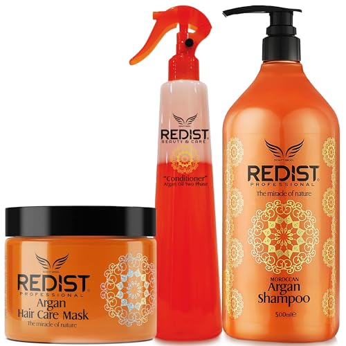 Redist Argan Oil Haarpflege Set Shampoo 500 ml + Haarmaske 475 ml + 2 Phase Conditioner 400 ml | Feuchtigkeit Reparatur & Glanz | Für trockenes & geschädigtes Haar