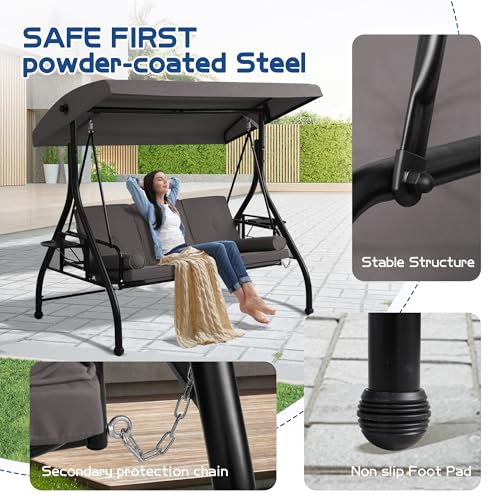 Dephet 3-Seat Outdoor Porch Swing with Adjustable Canopy, Convertible Swings Bed with Stand, Patio Glider with Cushion, Pillow & Cup Holder, Hammock Chair for Porch, Backyard, Poolside, Balcony (Grey)