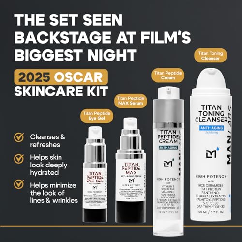 Man Labs Titan Peptide 4-Piece Anti-Aging Mens Skin Care Kit –Mens Face Serum, Eye Cream, Men Face Moisturizer, Wash –Skin Care Men –Dark Circles, Wrinkles, Spots –Vitamin C, Niacinamide, HA Unscented