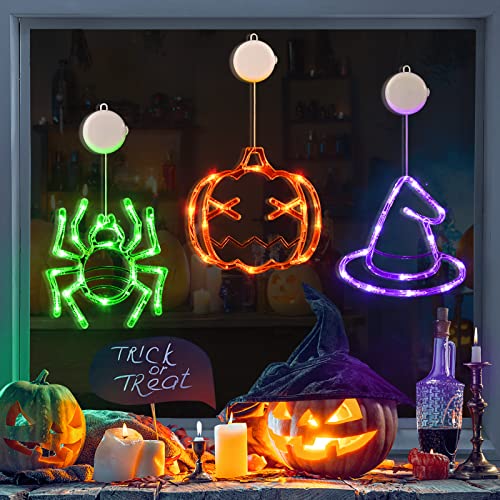 LOLStar-Halloween-Decorations-3-Pack-Orange-Pumpkin-Green-Spider-Purple-Witch-Hat-Halloween-Window-Lights-with-Suction-Cup-Battery-Operated-Halloween-Lights-Upgrade-Slow-Fade-Mode-Timer-Function