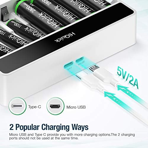 HiQuick 8-slot AA AAA LCD Battery Charger, 5V 2A Fast Charging Function, Type C and Micro USB Input, with 8 x 2800mAh AA NI-MH Rechargeable Batteries, Battery and Charger Set