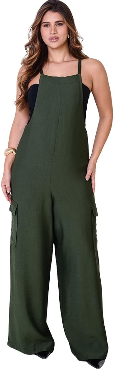 Jardineira de Viscose com Bolsos BBonnie Liz Verde Militar