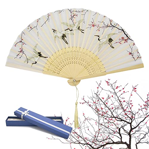 HEAWAA Éventail Pliant pour Femme, Eventail Pliable en Bambou Soie de Style Vintage Chinois pour Decoration Anniversaire Mariage Fête Cadeau