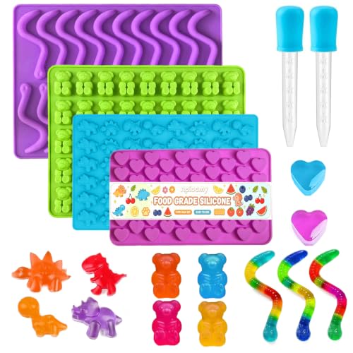 Gummy Candy Molds - Silicone Mini Gummy Bear/Hearts/Dinosaur/Gummy Worm Mold with 2pcs Dropper Non-stick and Bpa Free for Candy Chocolate Gummies Baking